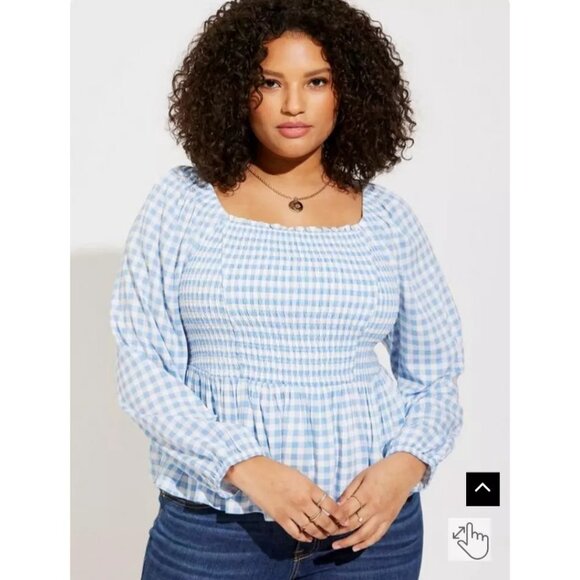 TORRID Womens Plus 4X Smocked Bodice Long Sleeve Blouse Gingham Blue Peplum Top - Picture 1 of 8